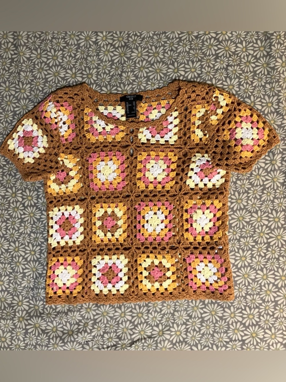 Girl’s Brown Crochet Patchwork Top with Pink & Cream